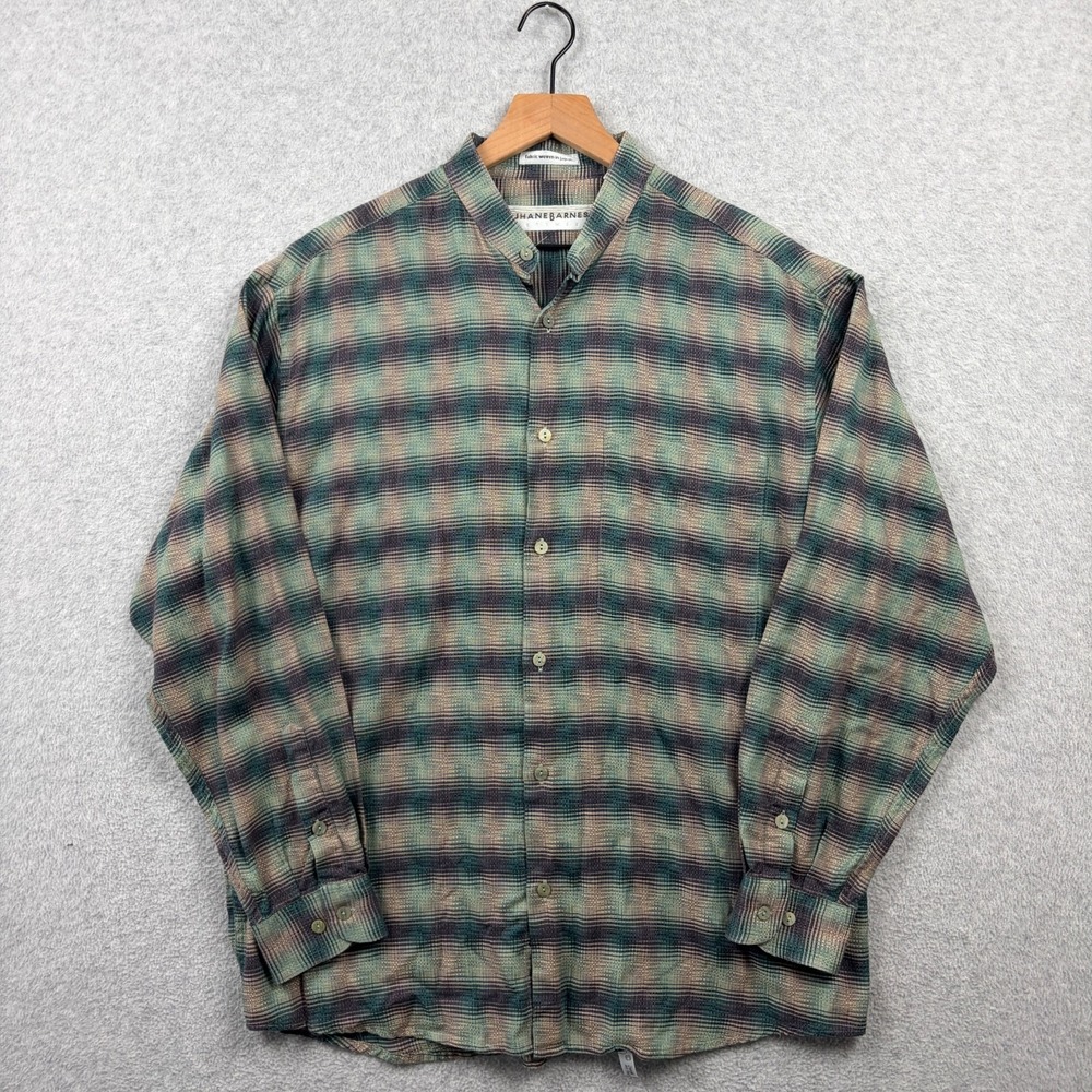 Jhane Barnes Shirt Mens Medium Green Ombre Plaid Band Collar Button Up Japan